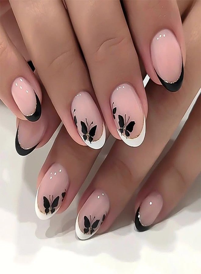 OCOUYVD French Tip Press on Nails Short Oval Fake Nails with White Black Butterfly Design Almond False Nails Sparkling Tips Glue on Nails Acrylic Artificial Stick on Nails Kit for Women Girls 24Pcs - Image 1